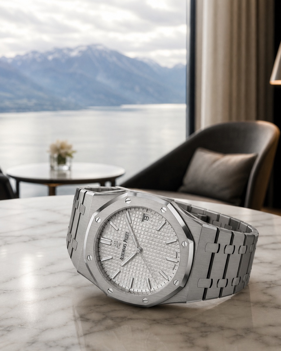 The Royal Oak 15500ST with the silver-toned Grande Tapisserie dial on its steel bracelet, lying on its side on a marble table
