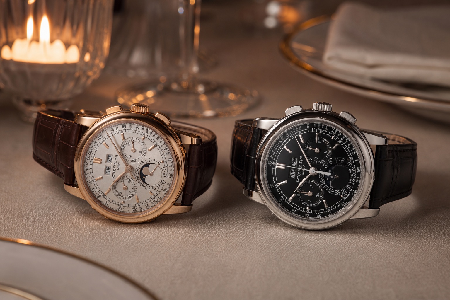 A pink gold Patek Philippe 5970R with silvered dial beside a platinum 5970P with black dial