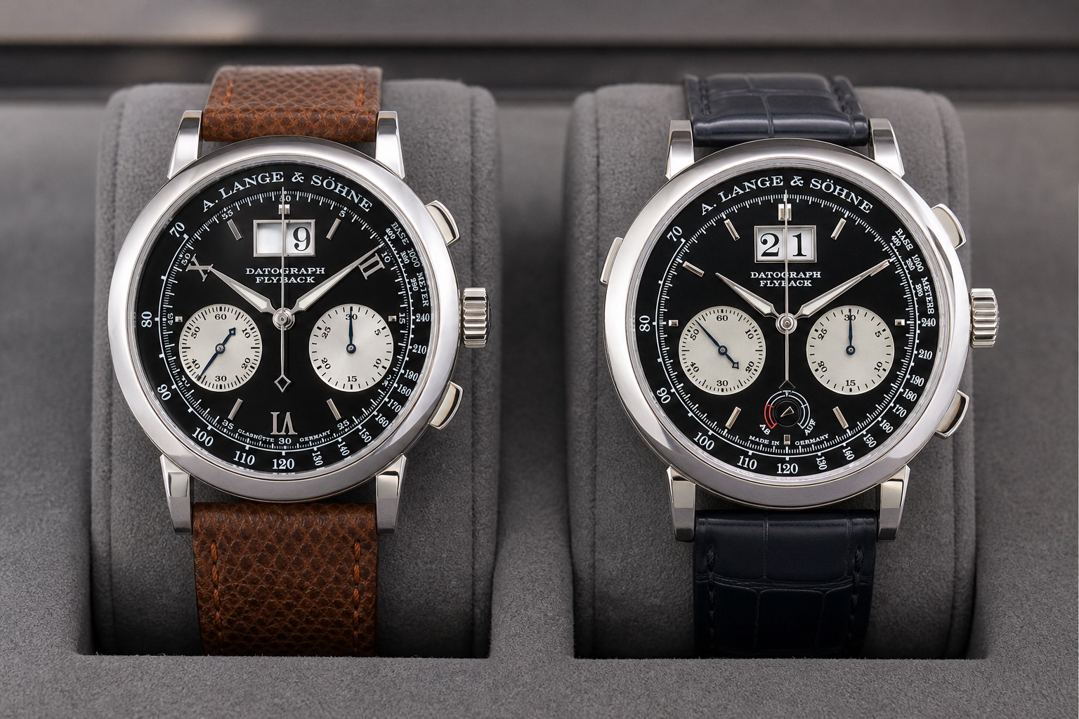 The original Datograph 403.035 with Roman numerals beside the Datograph Up/Down 405.035 with baton markers and a power-reserve indicator at 6 o'clock, both in platinum with black dials