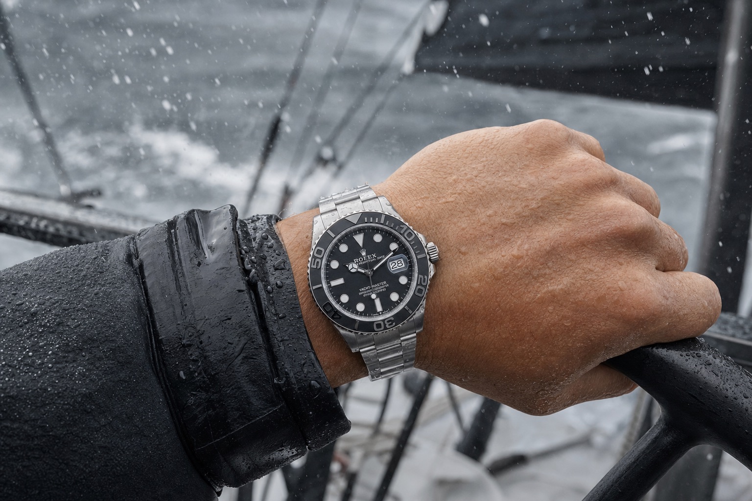 Rolex Yacht-Master 42 226627 in RLX titanium on the wrist of a sailor at the helm of a racing yacht