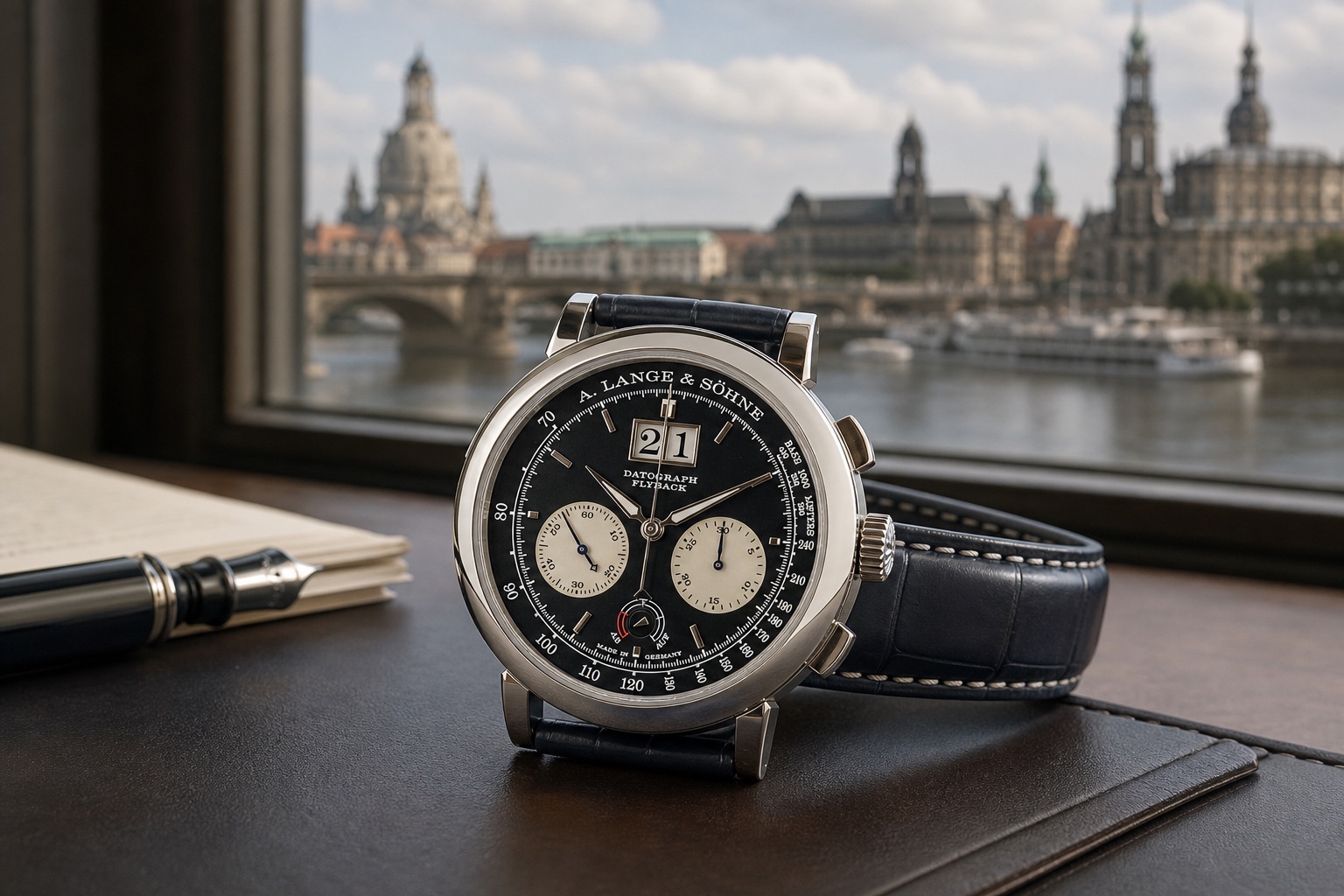 A. Lange & Söhne Datograph Up/Down 405.035 in platinum, black dial with silvered subdials and an outsize date, on a dark blue leather strap on a writing desk by a window over the Elbe in Dresden
