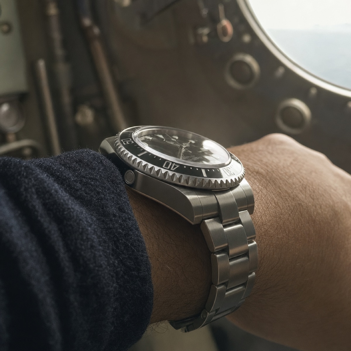 The 116600's case flank at nine o'clock, showing the helium escape valve set into the steel