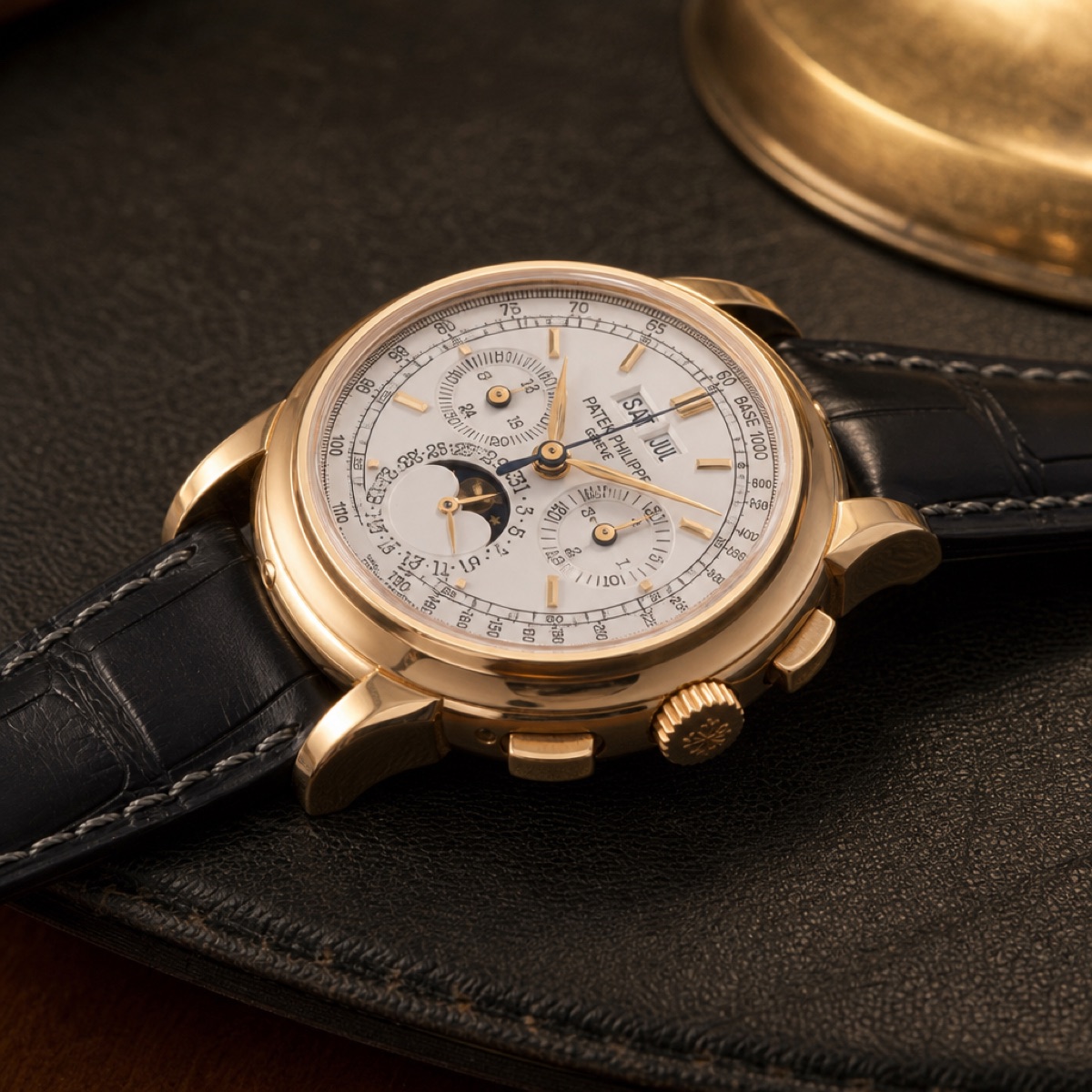 Patek Philippe 5970 seen from the crown side, showing the square chronograph pushers and faceted lugs