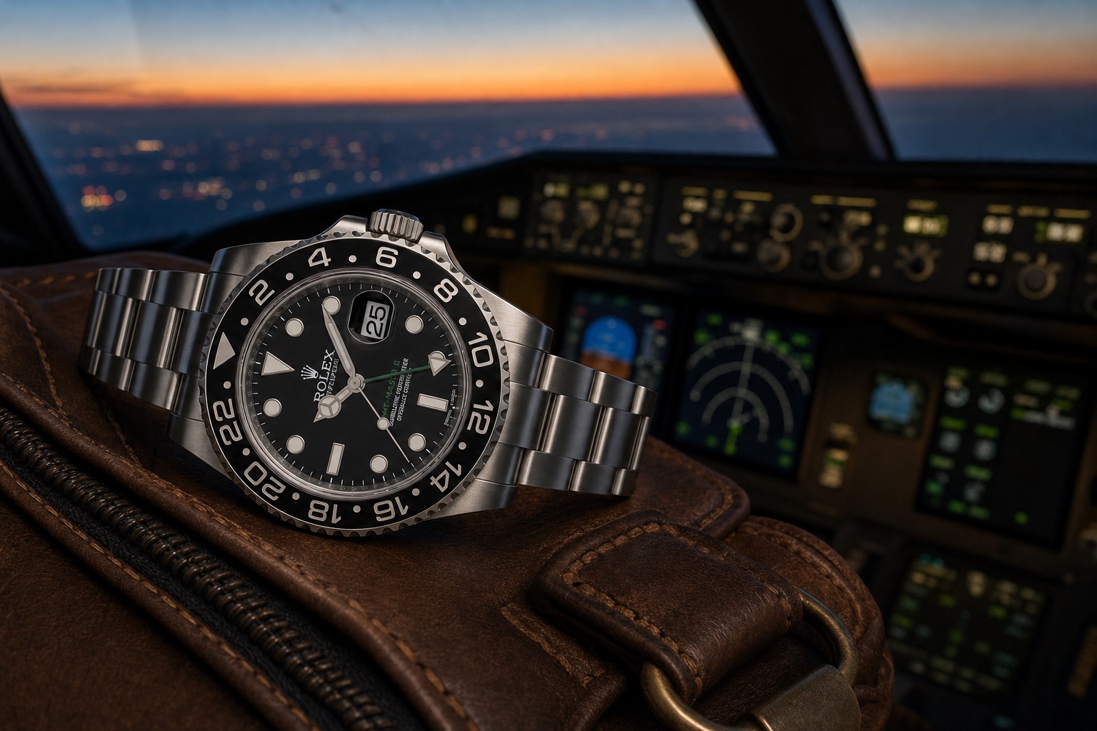 Rolex GMT-Master II 116710LN with its black ceramic bezel and green 24-hour hand, resting on a pilot's flight bag on the flight deck of a long-haul airliner