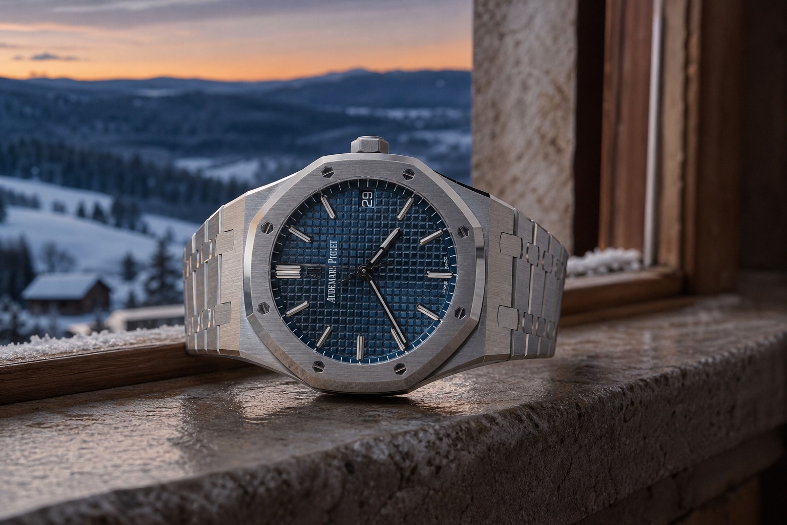A steel Audemars Piguet Royal Oak 15500ST with a blue Grande Tapisserie dial on its integrated steel bracelet, lying on a stone windowsill above a snowy valley at dusk