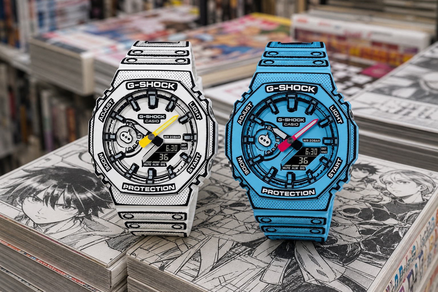 The white GA-2100MNG-7A and the sky blue GA-2100MNG-2A lying side by side on a stack of manga volumes in a Tokyo bookshop
