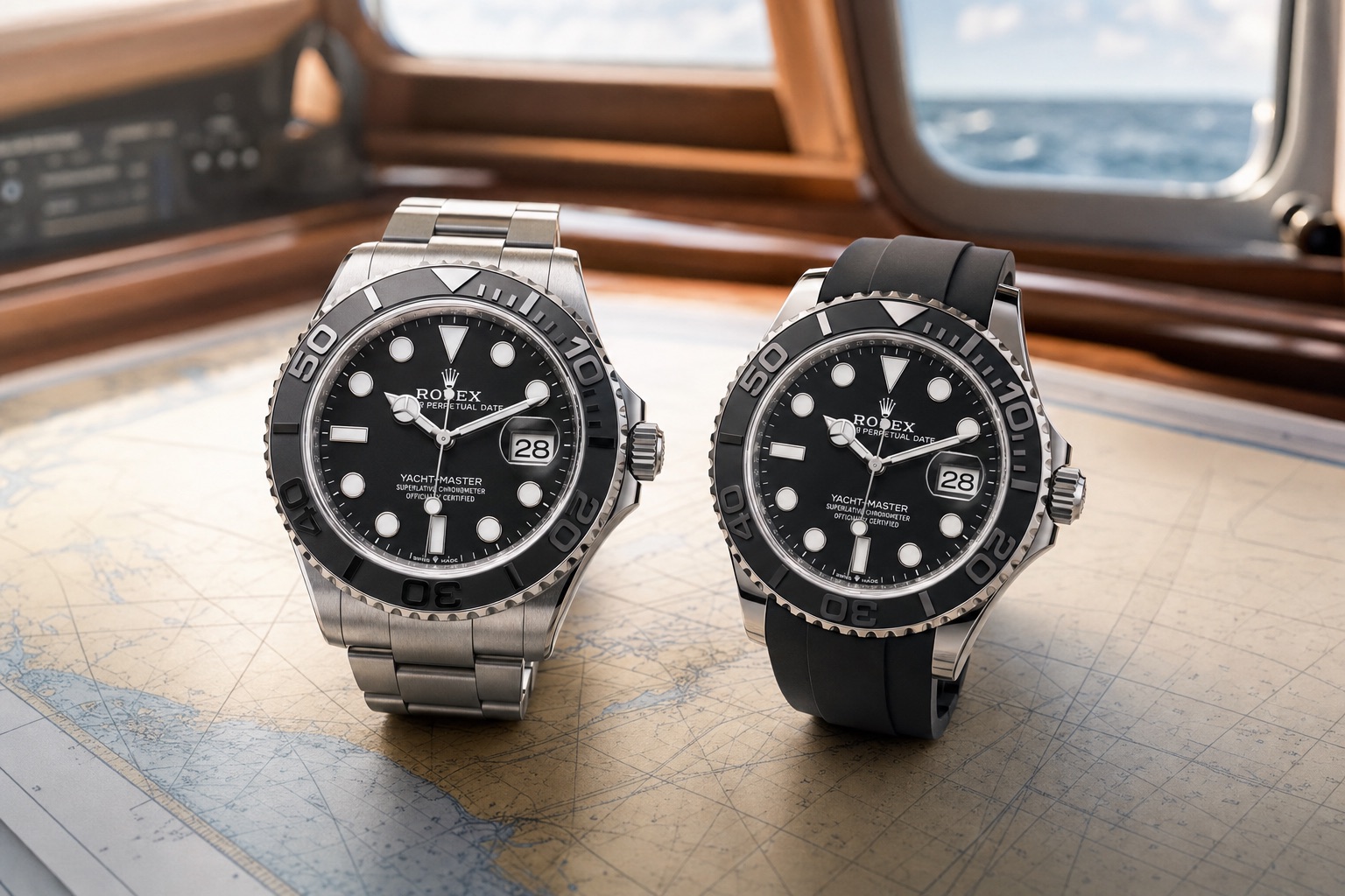 Rolex Yacht-Master 42 226627 in titanium on its Oyster bracelet beside the white gold 226659 on a black Oysterflex