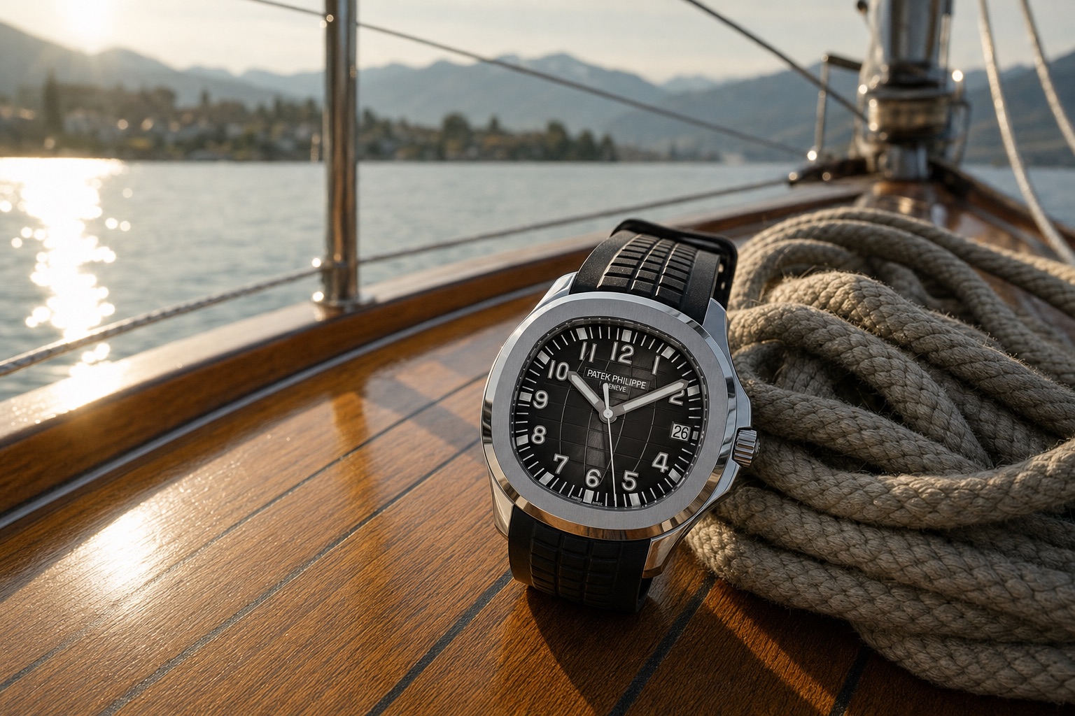 Patek Philippe Aquanaut 5167A on its black composite strap, resting on the teak deck of a sailing boat