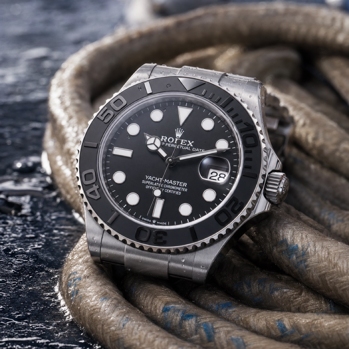 Close view of the Yacht-Master 42 226627 showing the matt black Cerachrom bezel with raised polished numerals and the intense black dial