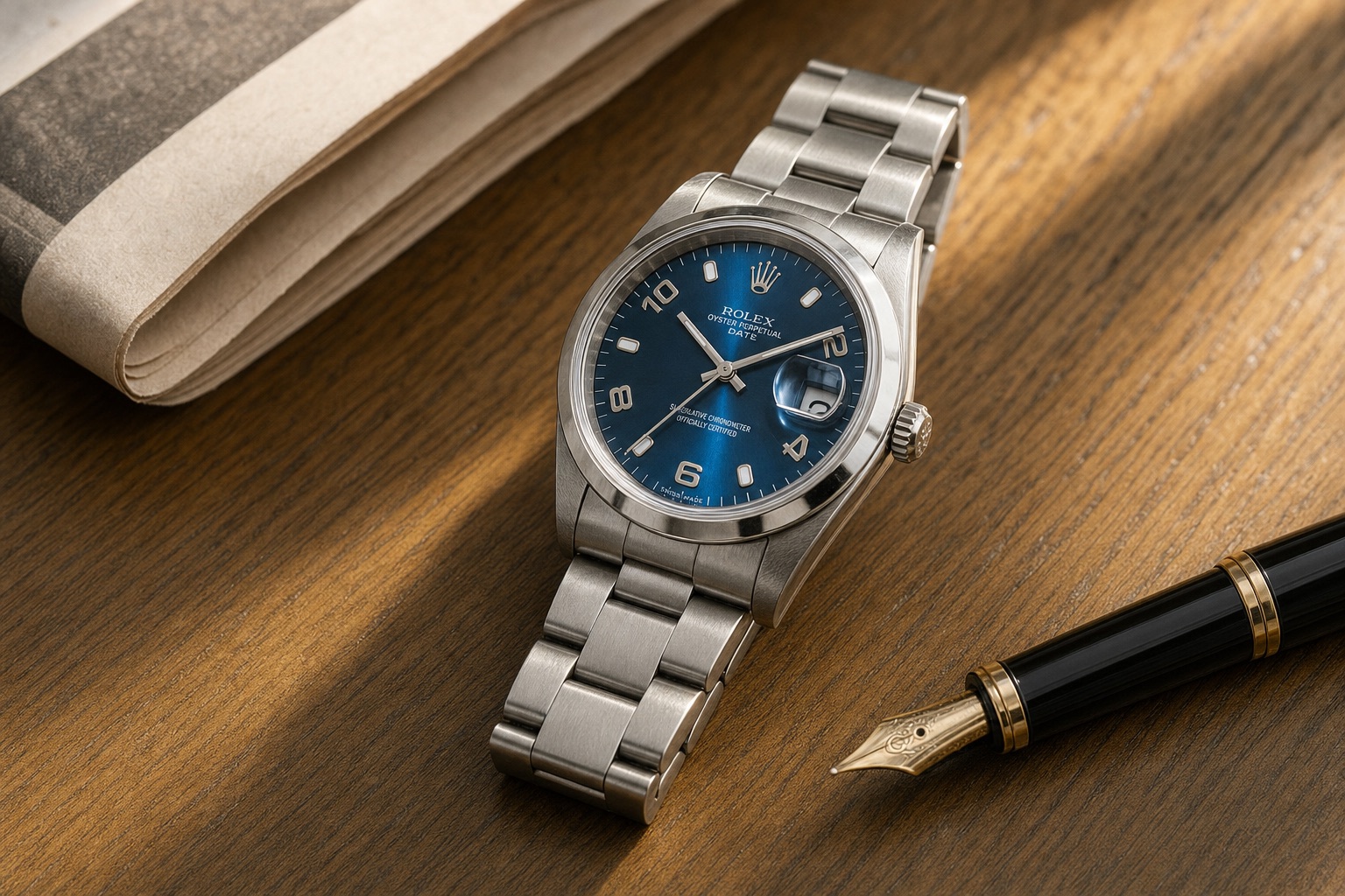 Rolex Oyster Perpetual Date 15200 with a smooth steel bezel and blue sunburst dial with Arabic numerals, on its Oyster bracelet on a wooden desk