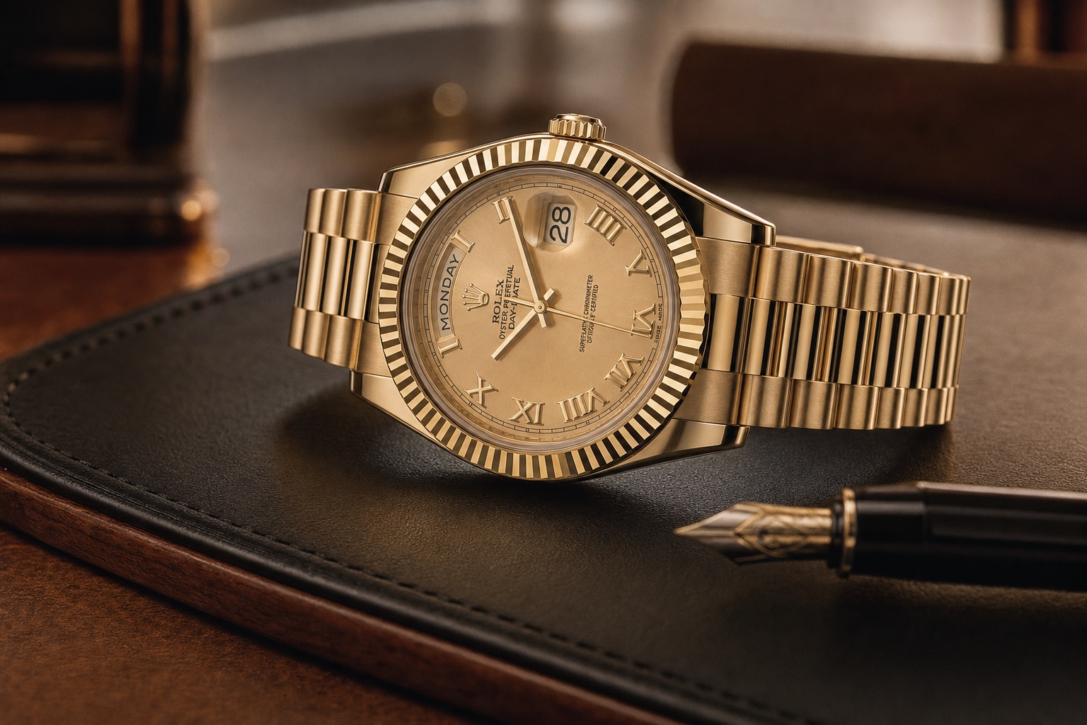 Rolex Day-Date II 218238 in yellow gold with a champagne Roman dial on its President bracelet, resting on a leather desk blotter