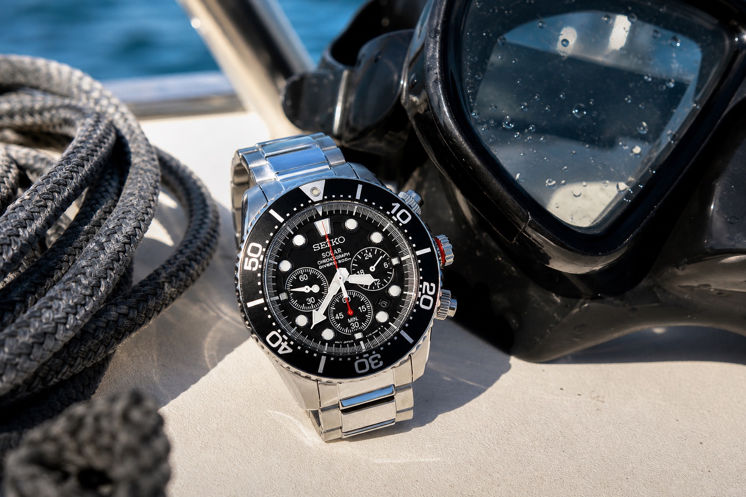 A Seiko SSC015 with a black dial and all-black diver's bezel on its steel bracelet, resting on the deck of a dive boat in bright sun