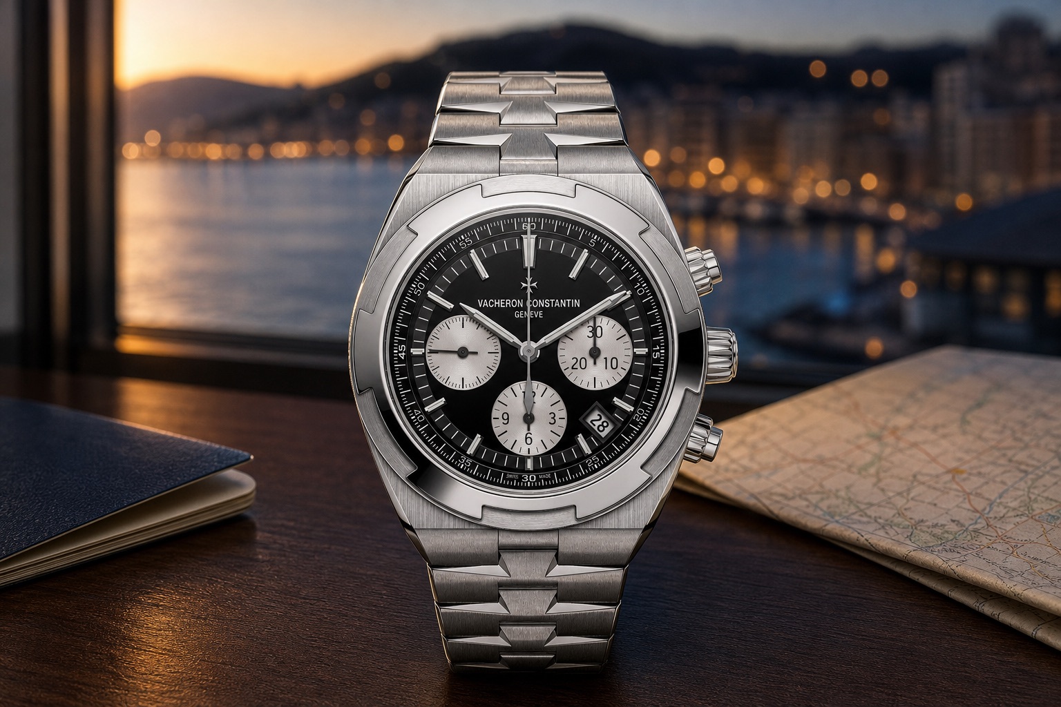 Vacheron Constantin Overseas Chronograph 5520V/210A-B481 in steel, black dial with silvered counters, on its steel bracelet beside a passport and a folded map on a hotel desk