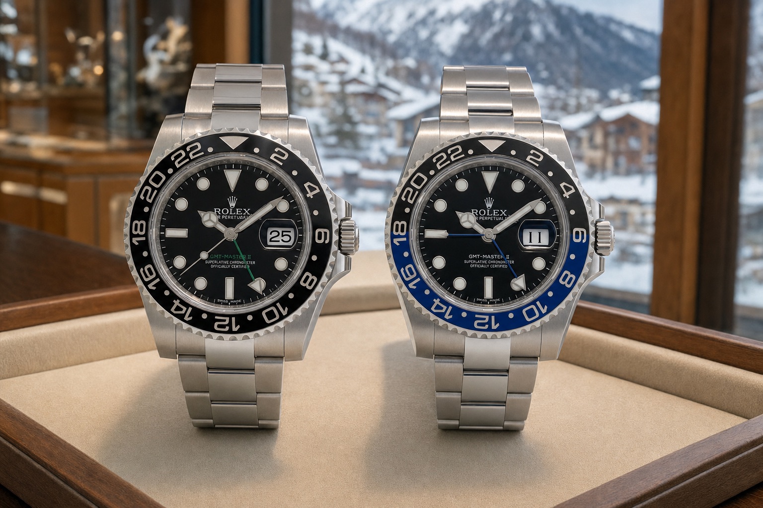 A Rolex GMT-Master II 116710LN and a 116710BLNR side by side, black bezel with green 24-hour hand beside blue and black bezel with blue hand
