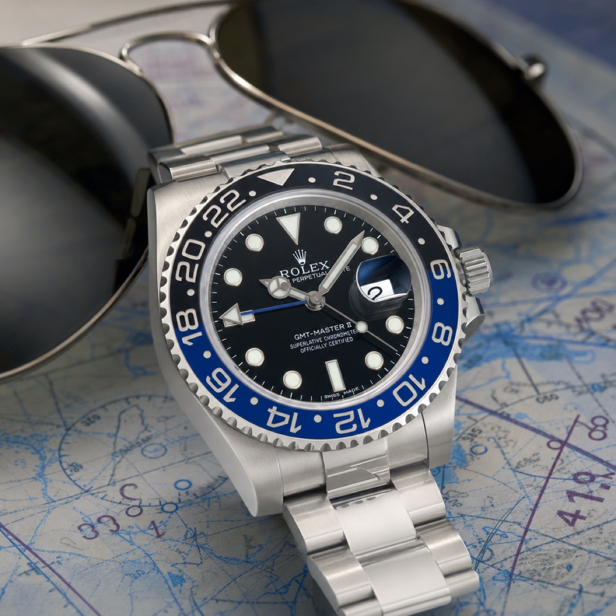 Close view of a Rolex GMT-Master II 116710BLNR showing the blue and black ceramic bezel insert and the blue 24-hour hand
