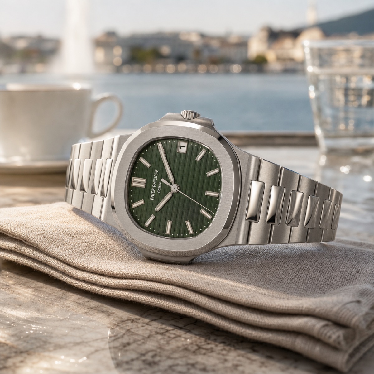 Close view of a steel Nautilus 5711/1A-014 showing the olive green sunburst dial with horizontal embossing, white gold baton markers and the date at 3 o'clock