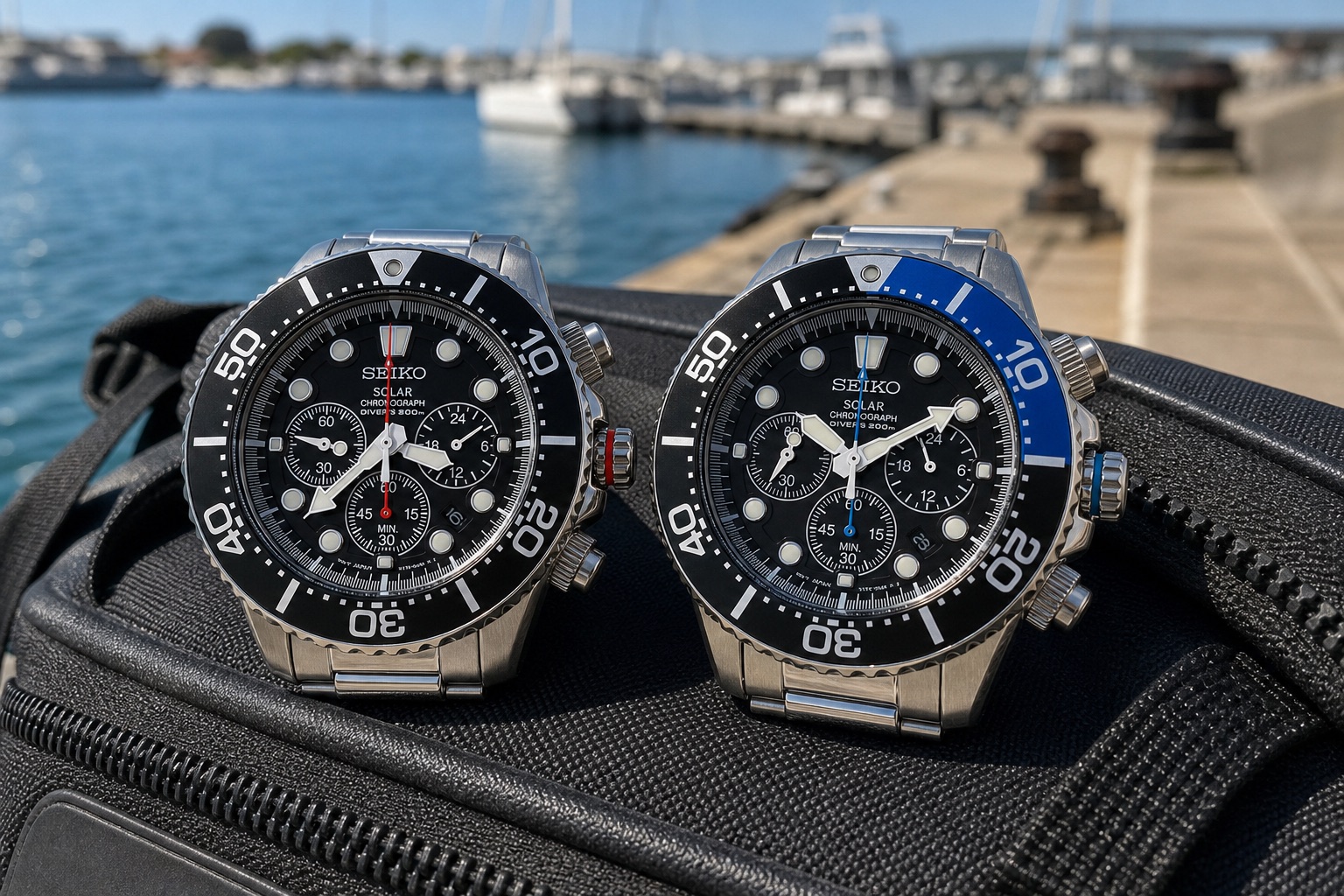 A black-bezel Seiko SSC015 beside a blue-and-black-bezel SSC017, both with black dials on steel bracelets
