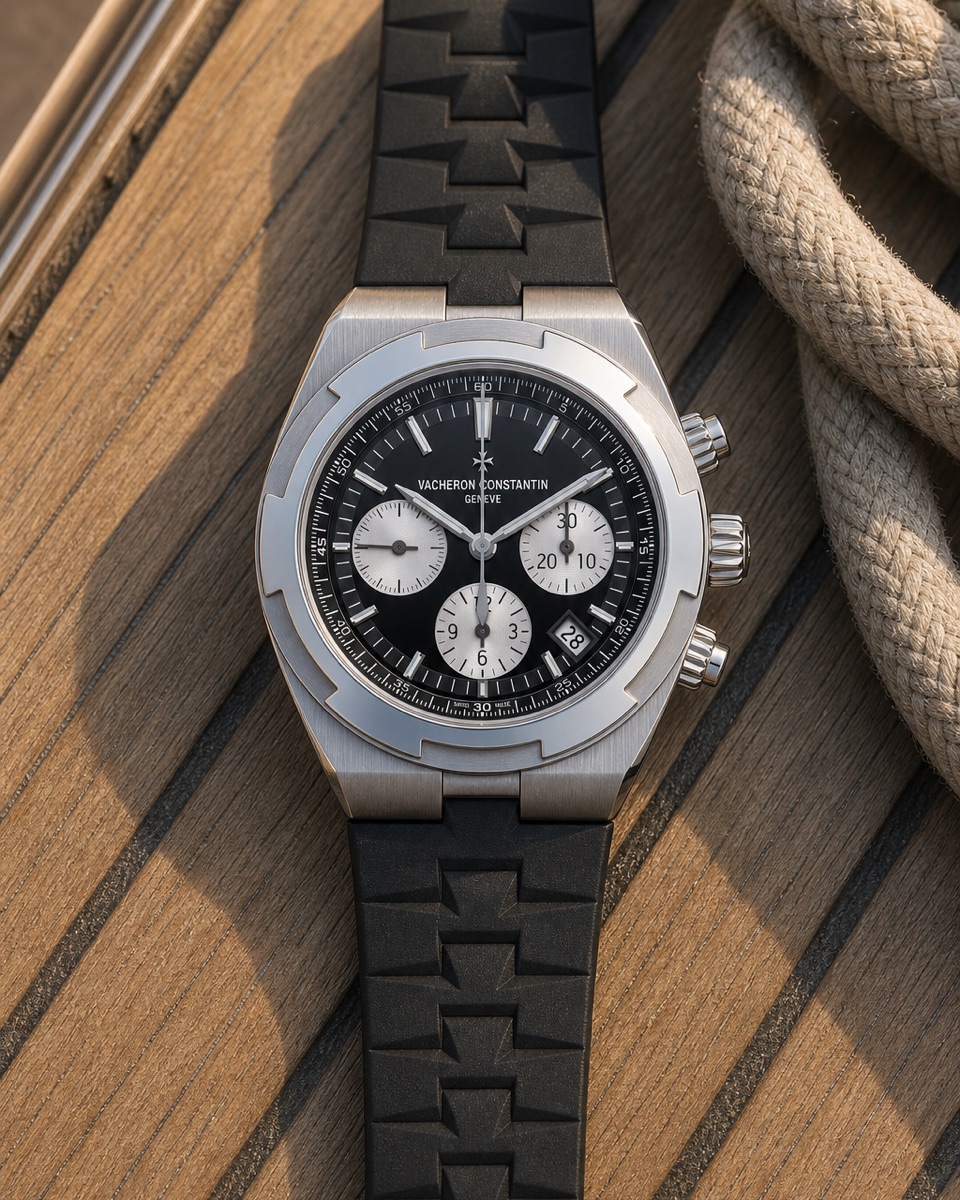 The 5520V/210A-B481 fitted with its black rubber strap, lying flat on the teak deck of a sailing boat