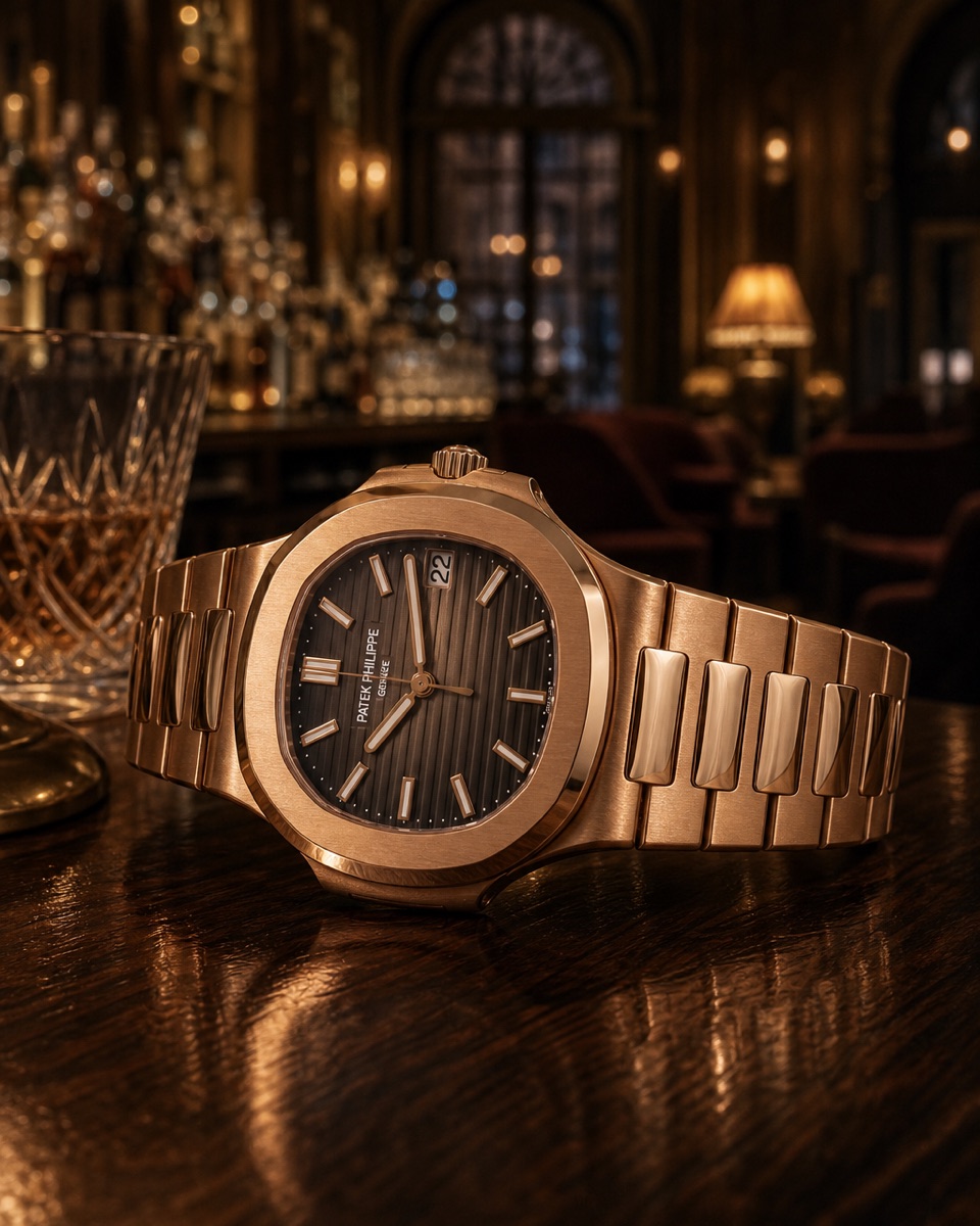 A rose gold Nautilus 5711/1R-001 on its rose gold bracelet, with a brown dial gradated to black at the edge