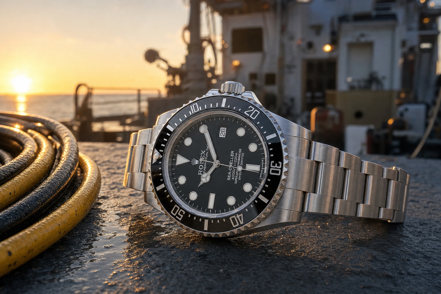 Rolex Sea-Dweller 4000 116600 on its Oyster bracelet, resting on the deck of a dive support vessel beside a coiled diving umbilical