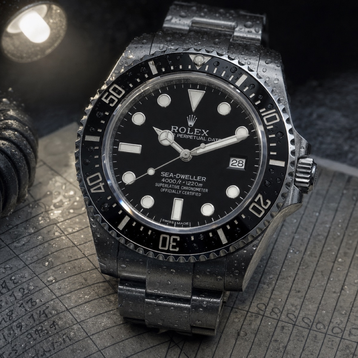 Close view of the 116600's black maxi dial, with large applied markers, white text and the fully graduated ceramic bezel
