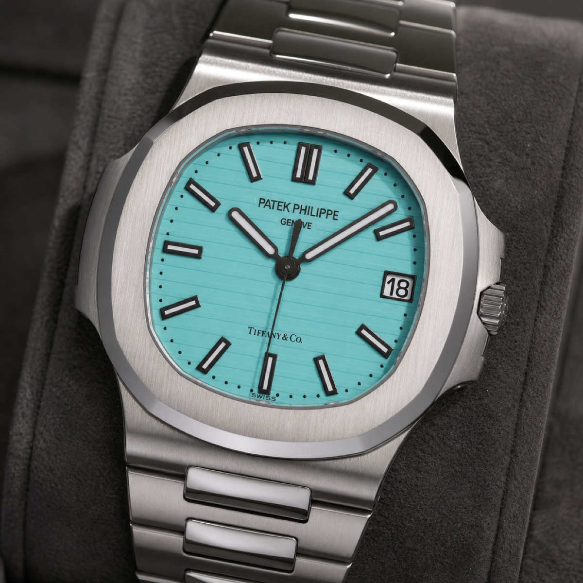 Close view of the 5711/1A-018 with its Tiffany Blue embossed dial, signed Patek Philippe at 12 and Tiffany & Co. at 6