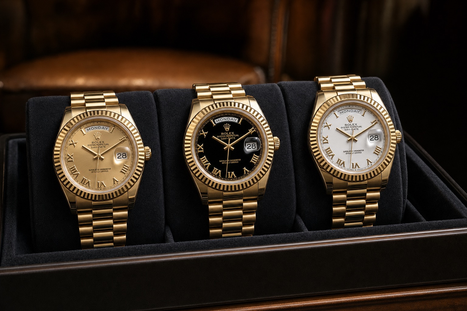 Three Rolex Day-Date II 218238 watches side by side with champagne, white and black Roman numeral dials