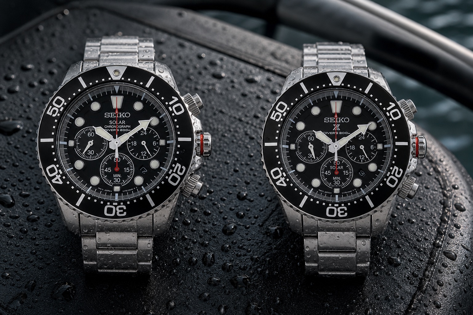 Two Seiko SSC015 watches side by side, the left with