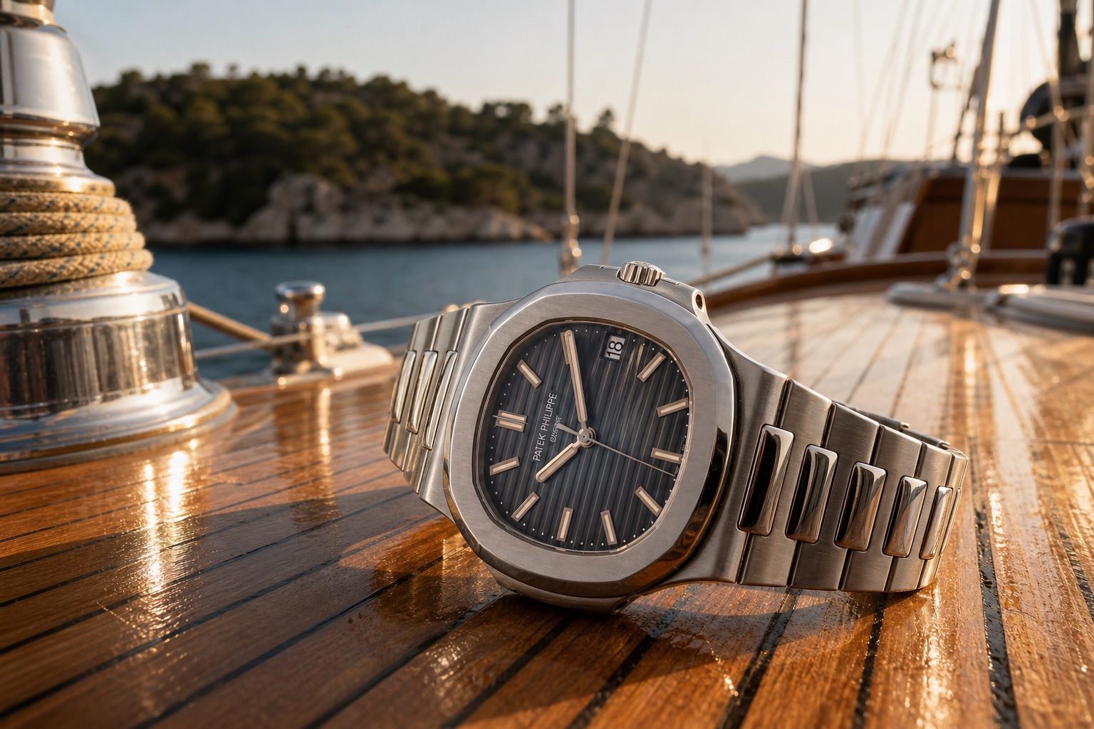 A steel Patek Philippe Nautilus 5711/1A with its blue-black embossed dial, on its bracelet, resting on the varnished teak deck of a classic sailing yacht