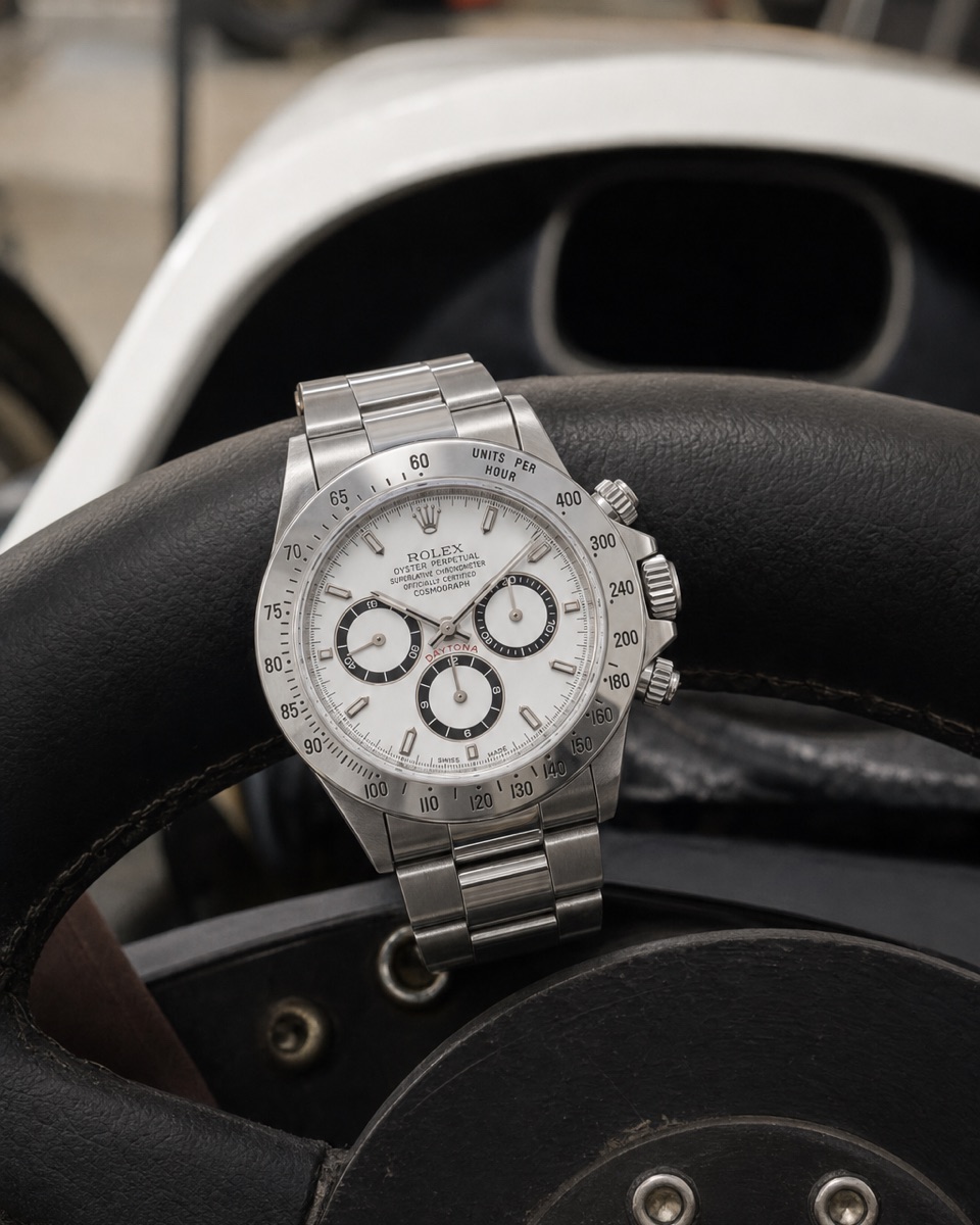 Rolex Cosmograph Daytona 16520 with a white dial and black subdial rings on its Oyster bracelet