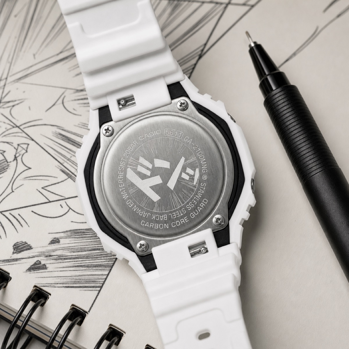 The stainless steel case back of a GA-2100MNG, engraved with the katakana sound effect ドンッ inside radiating speed lines