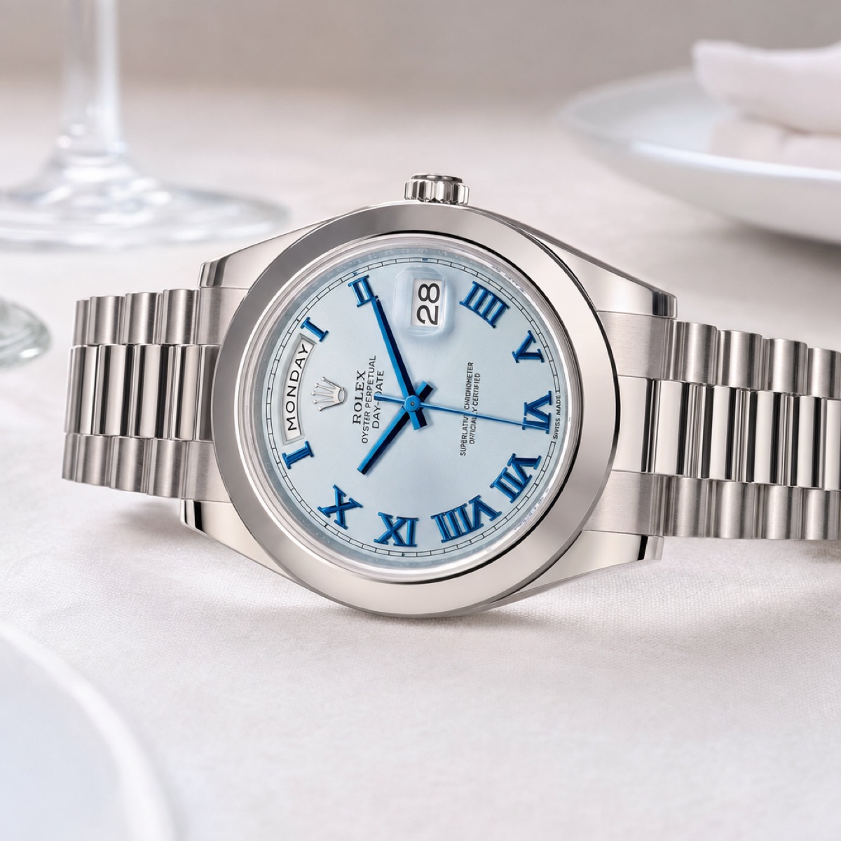 Rolex Day-Date II 218206 in platinum, close on the smooth polished bezel and Ice Blue dial