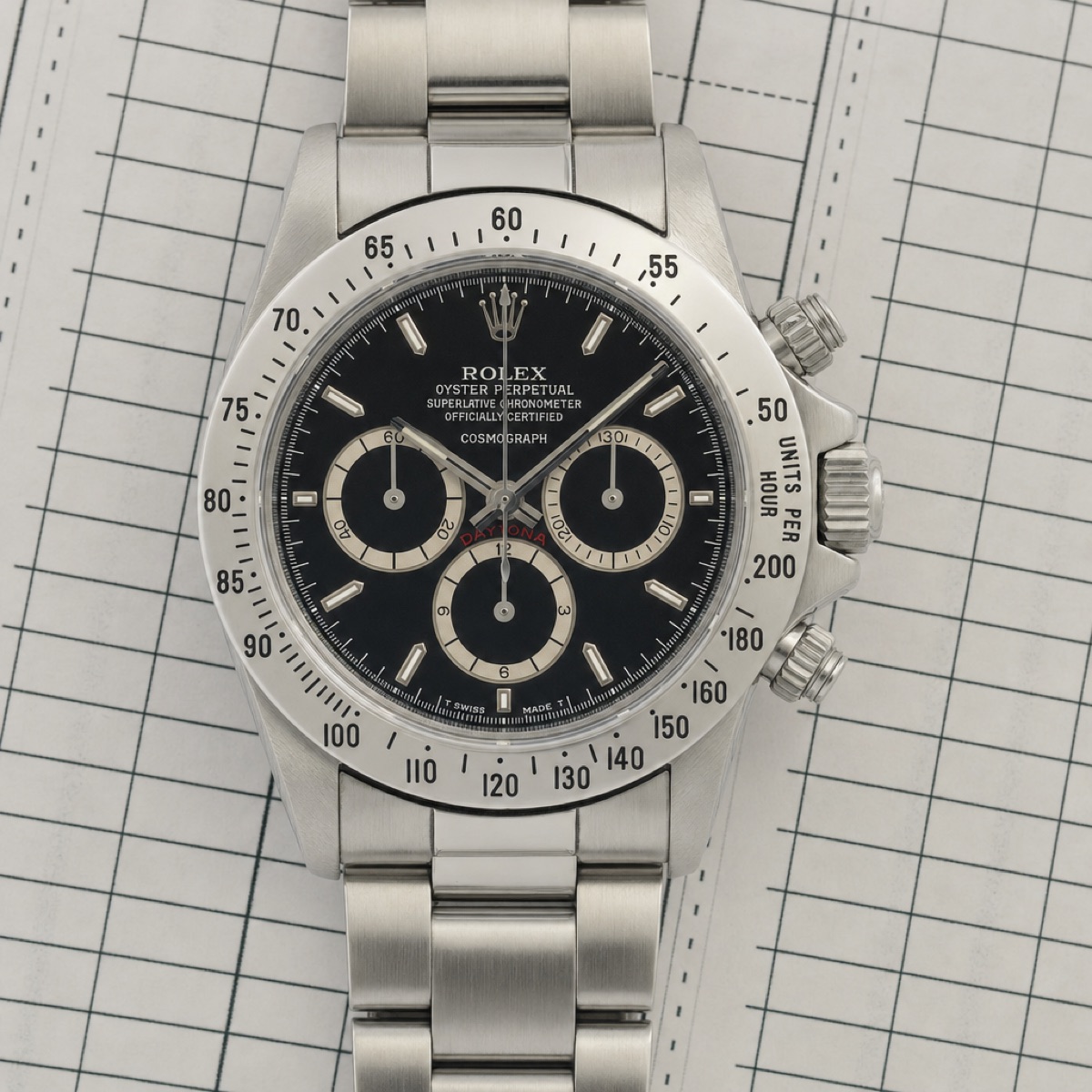 Early Rolex Daytona 16520 black dial with the word Cosmograph set apart below the other lines of text, and the 200-unit bezel