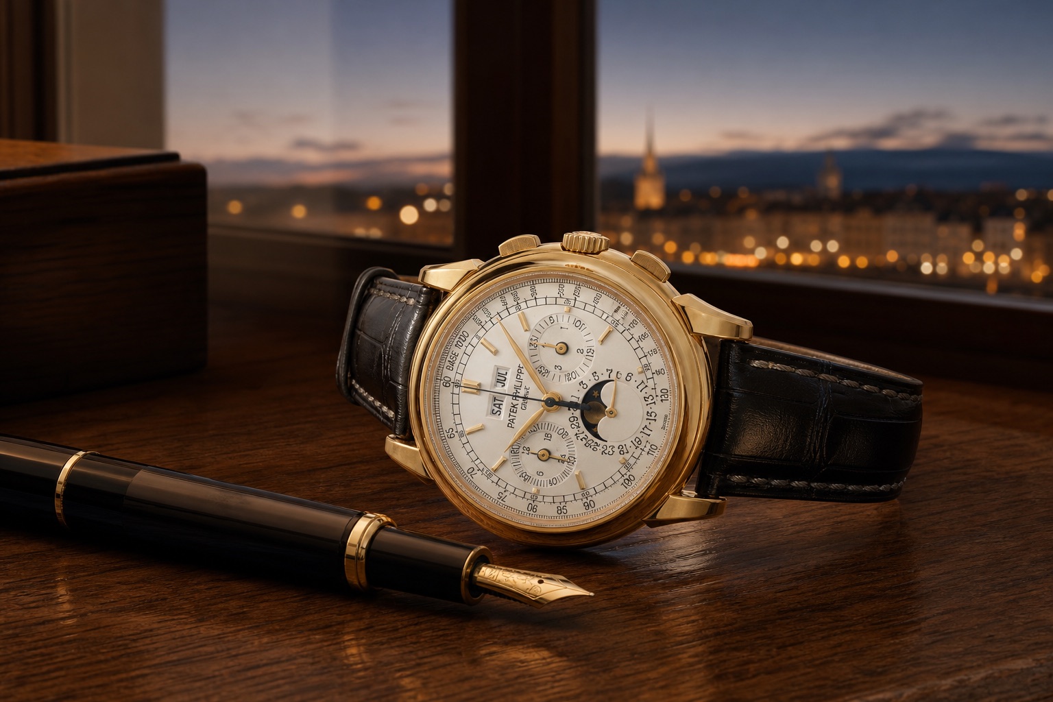 Patek Philippe 5970J in yellow gold with a silvered dial on a black alligator strap, on a walnut writing desk